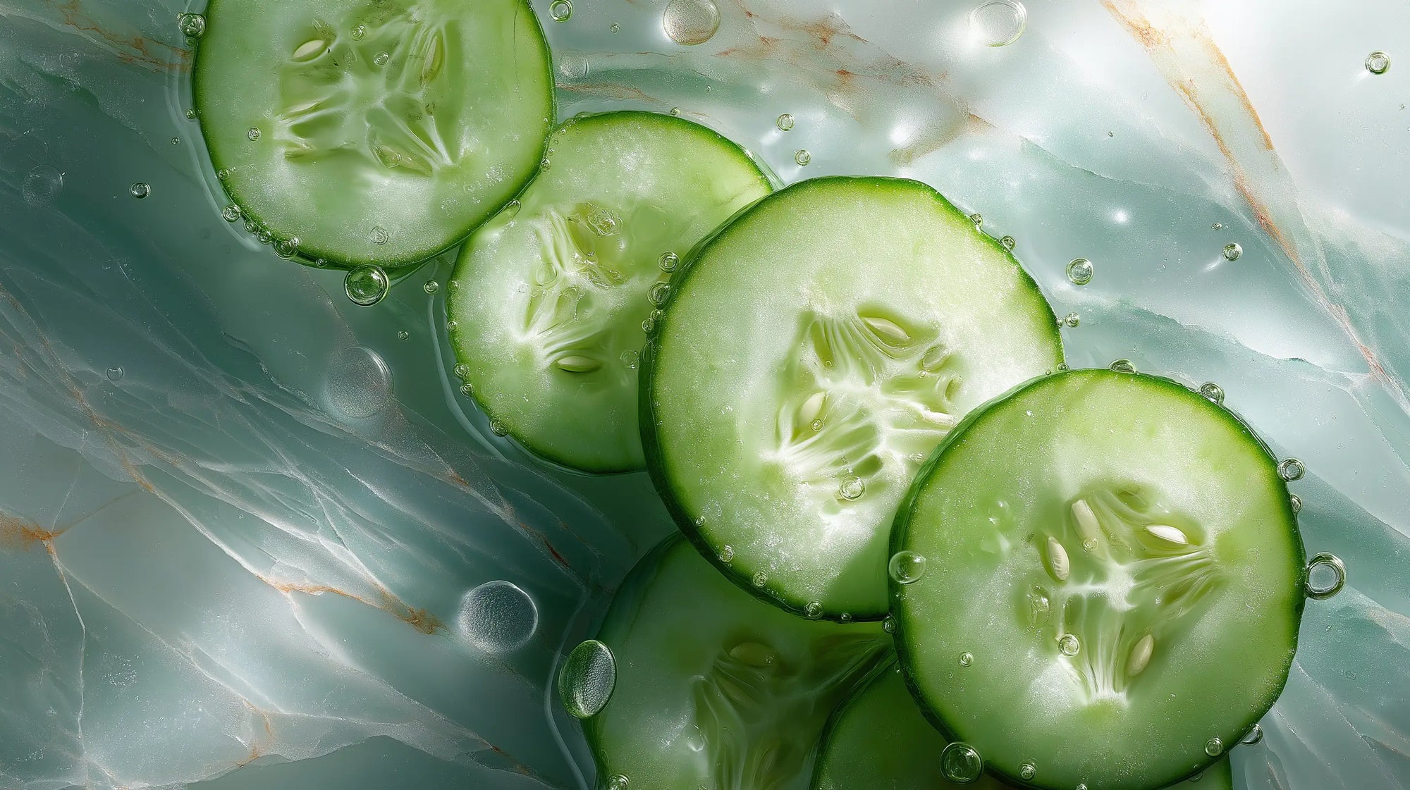 Fresh cucumber slices with water droplets close-up, soothing hydrating ingredient in HYDRATE lotion