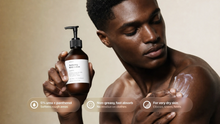 Man applying HYDRATE body lotion to chest, 5% urea panthenol non-greasy formula for dry skin callouts