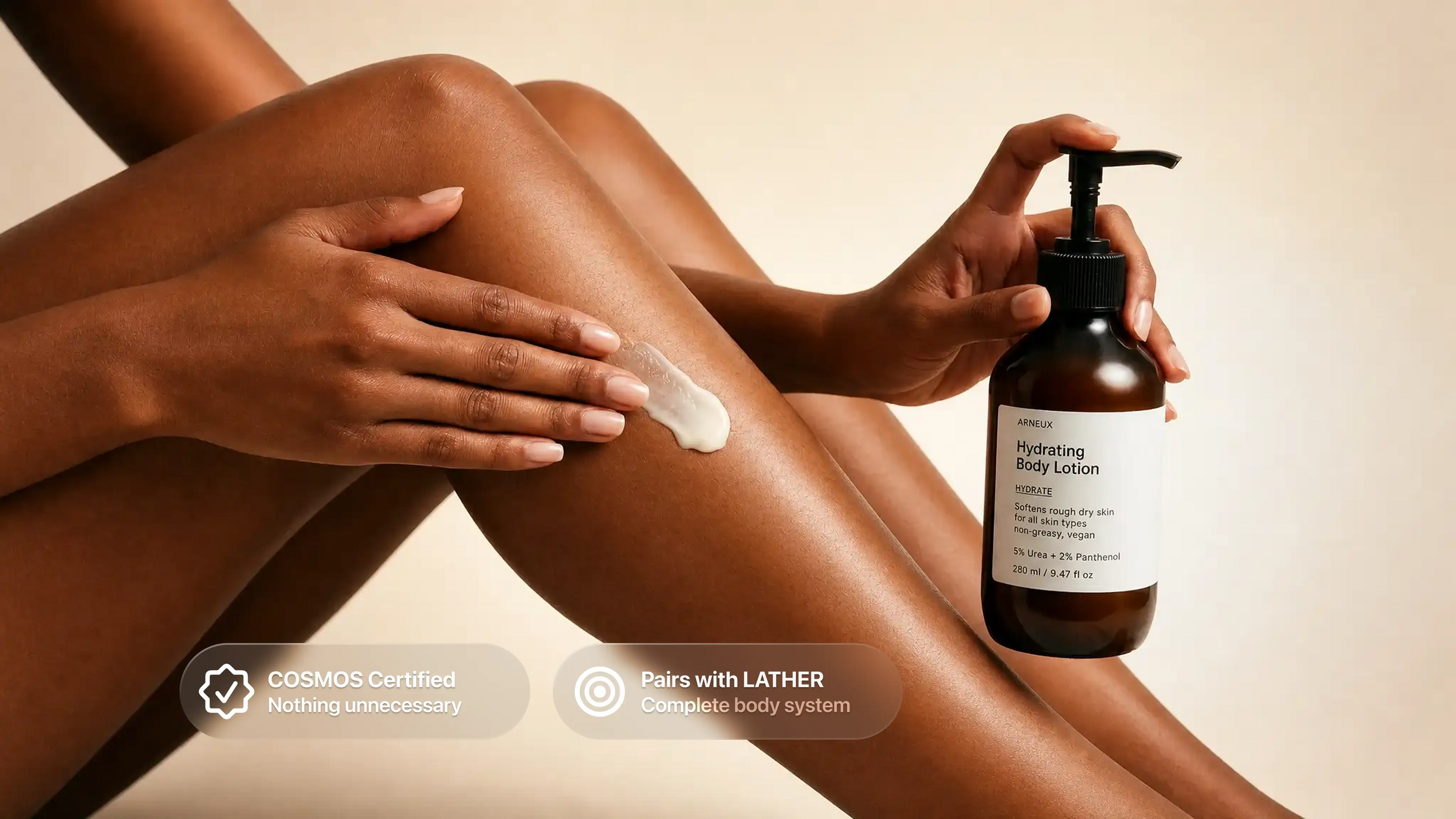 Woman applying HYDRATE body lotion to knees and legs, COSMOS certified pairs with LATHER callout