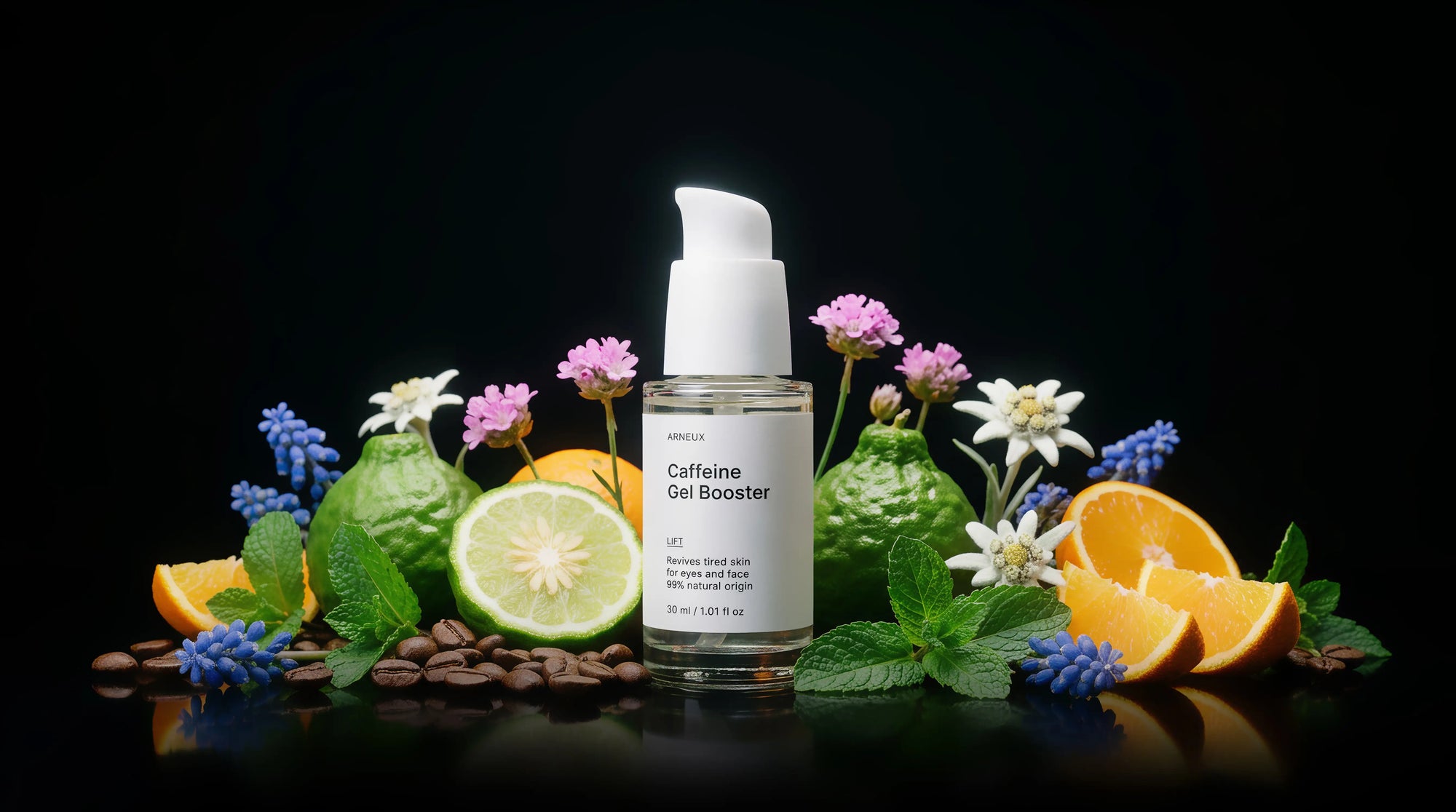 LIFT caffeine booster bottle with mint, geranium, orange, kaffir lime and coffee beans on black