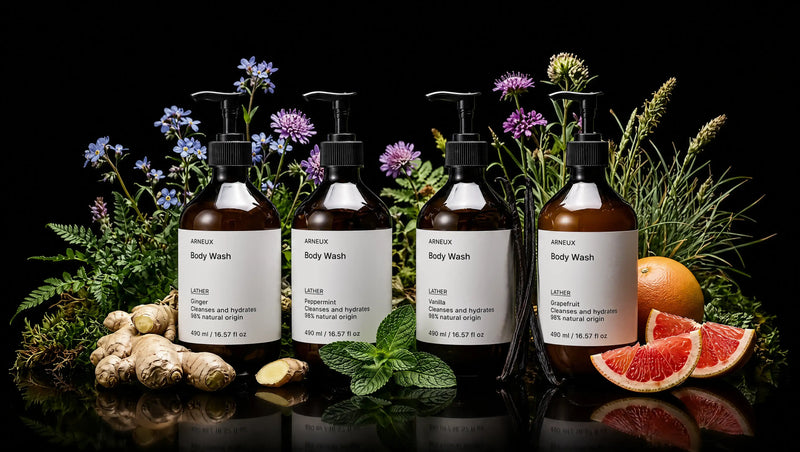 LATHER body wash all four scents ginger grapefruit peppermint vanilla with botanicals on black