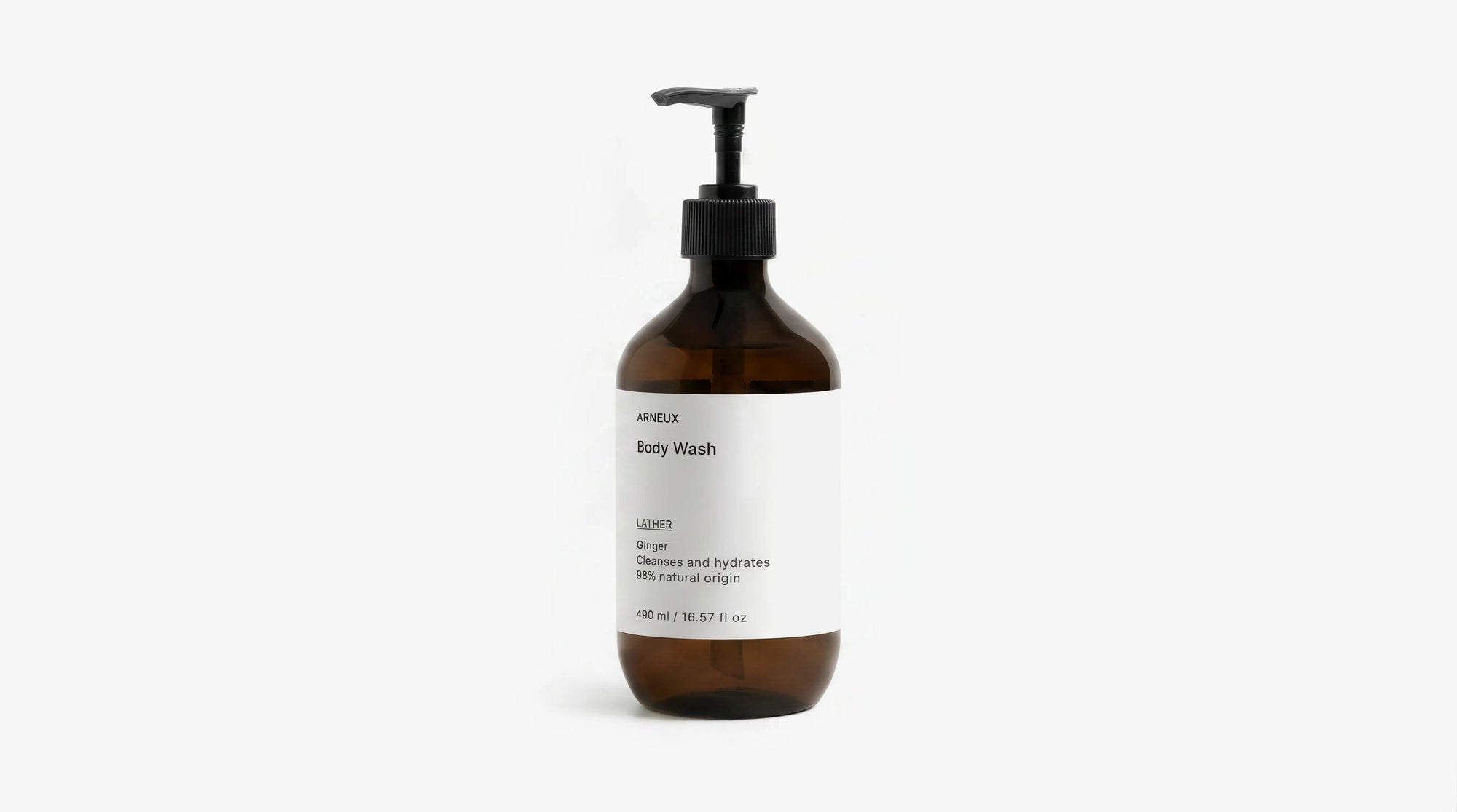 Arneux LATHER body wash amber bottle Ginger scent, front label on grey background