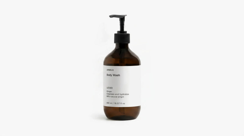 Arneux LATHER body wash amber bottle Ginger scent, front label on grey background