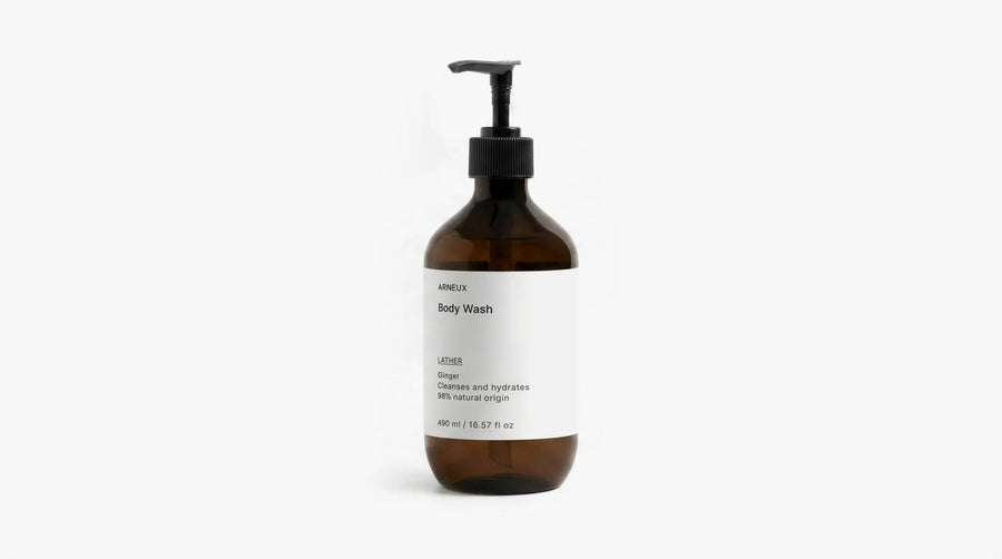 Arneux LATHER body wash amber bottle Ginger scent, front label on grey background