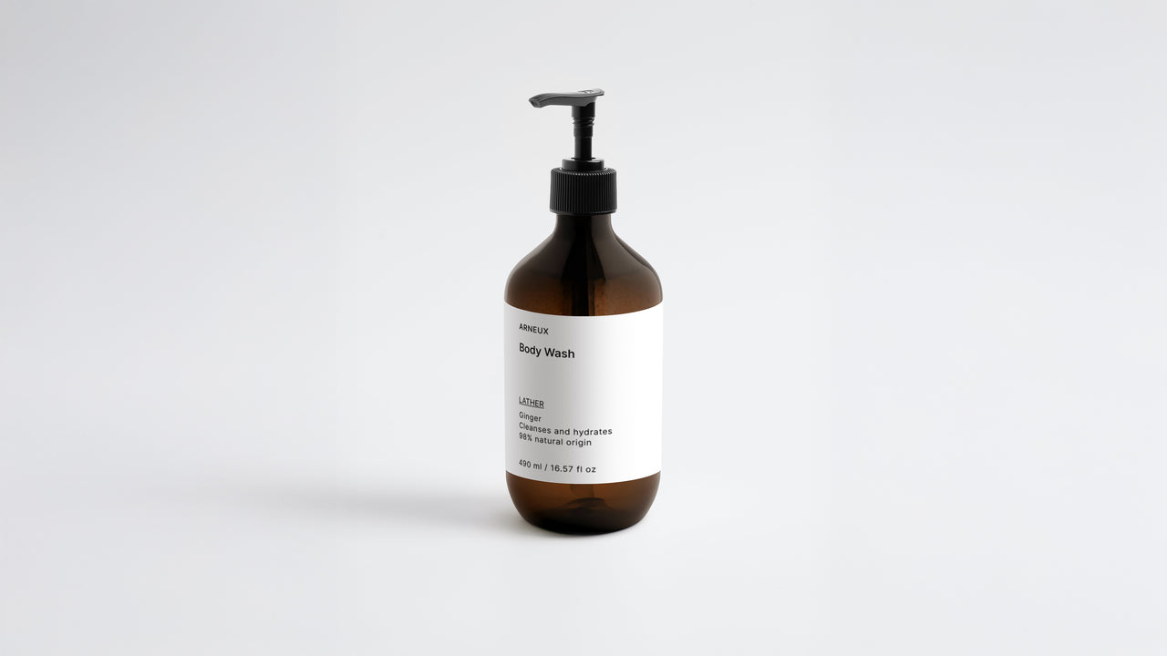 Arneux LATHER body wash amber bottle Ginger scent, front label on grey background