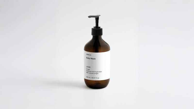 Arneux LATHER body wash amber bottle Ginger scent, front label on grey background