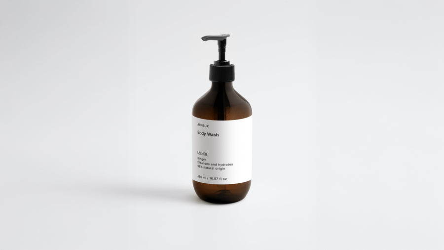 Arneux LATHER body wash amber bottle Ginger scent, front label on grey background