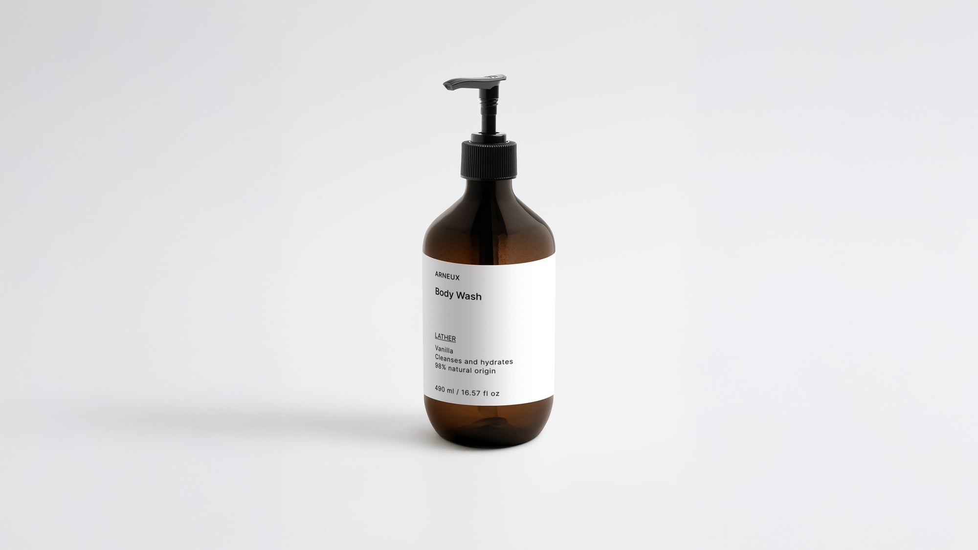 LATHER body wash amber pump bottle clean studio front view on white background