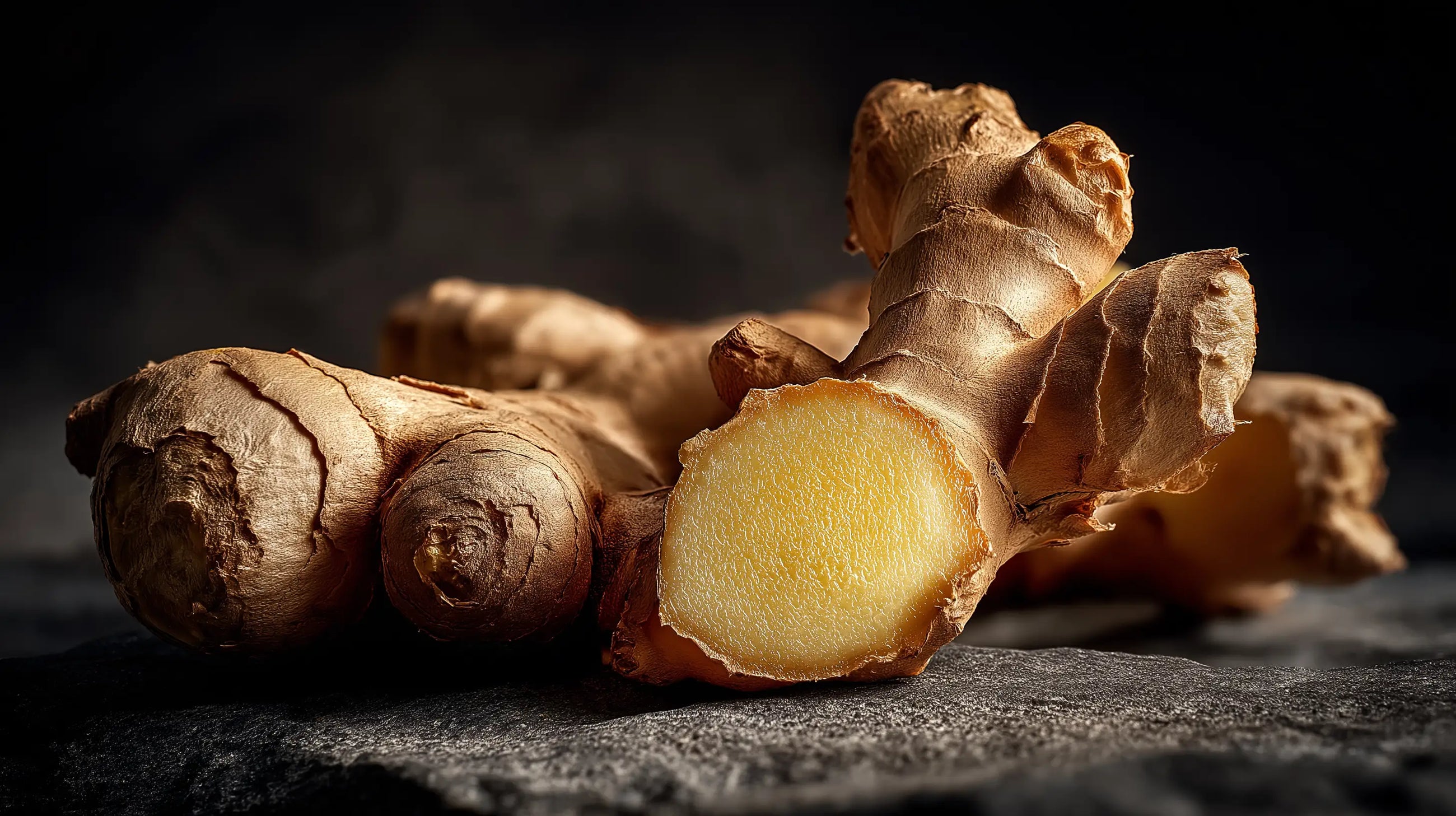 Sliced fresh ginger root close-up, warming aromatic ingredient in LATHER ginger body wash