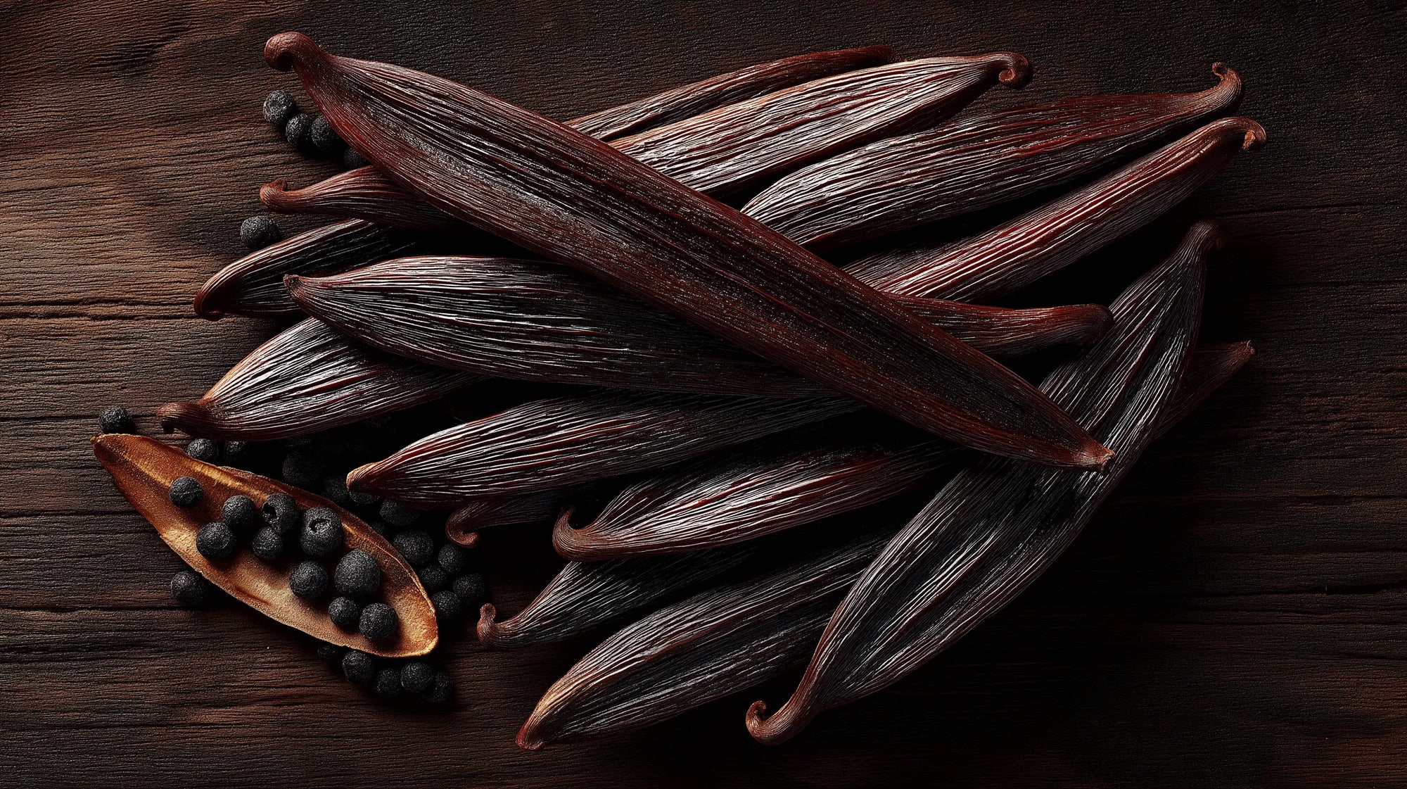 Dark vanilla bean pods close-up, warm aromatic ingredient in LATHER vanilla body wash