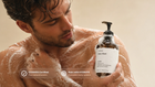 Man in shower holding LATHER body wash, COSMOS certified four natural scents pairs with HYDRATE callout