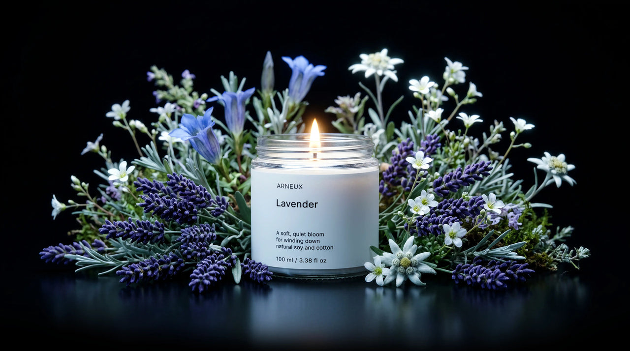 A lit candle labeled ARNEUX Lavender centered among lavender sprigs, white flowers, and blue blossoms on a black background