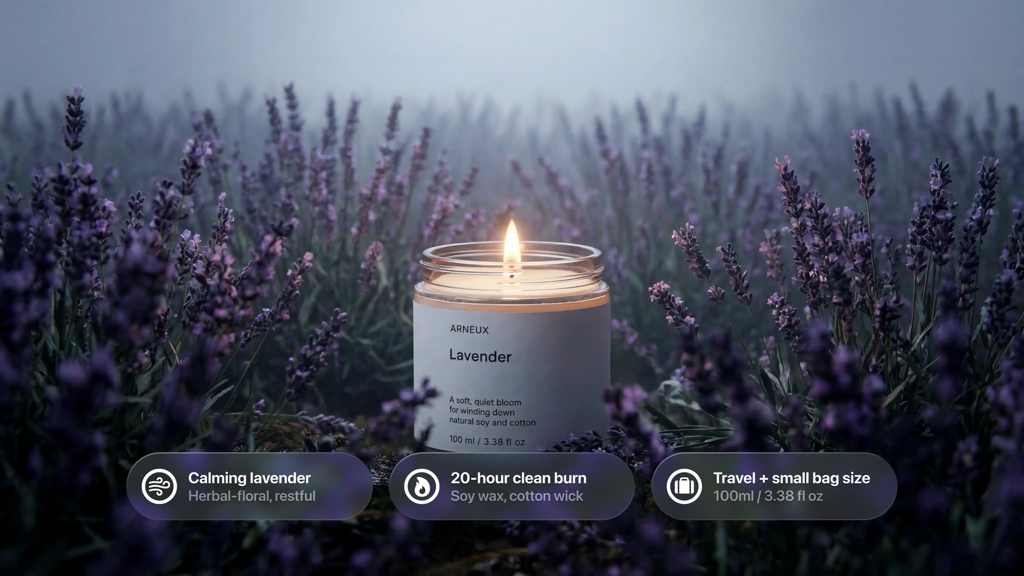 LAVENDER candle burning in purple lavender field, calming herbal floral 20-hour clean burn travel size callouts