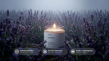 LAVENDER candle burning in purple lavender field, calming herbal floral 20-hour clean burn travel size callouts