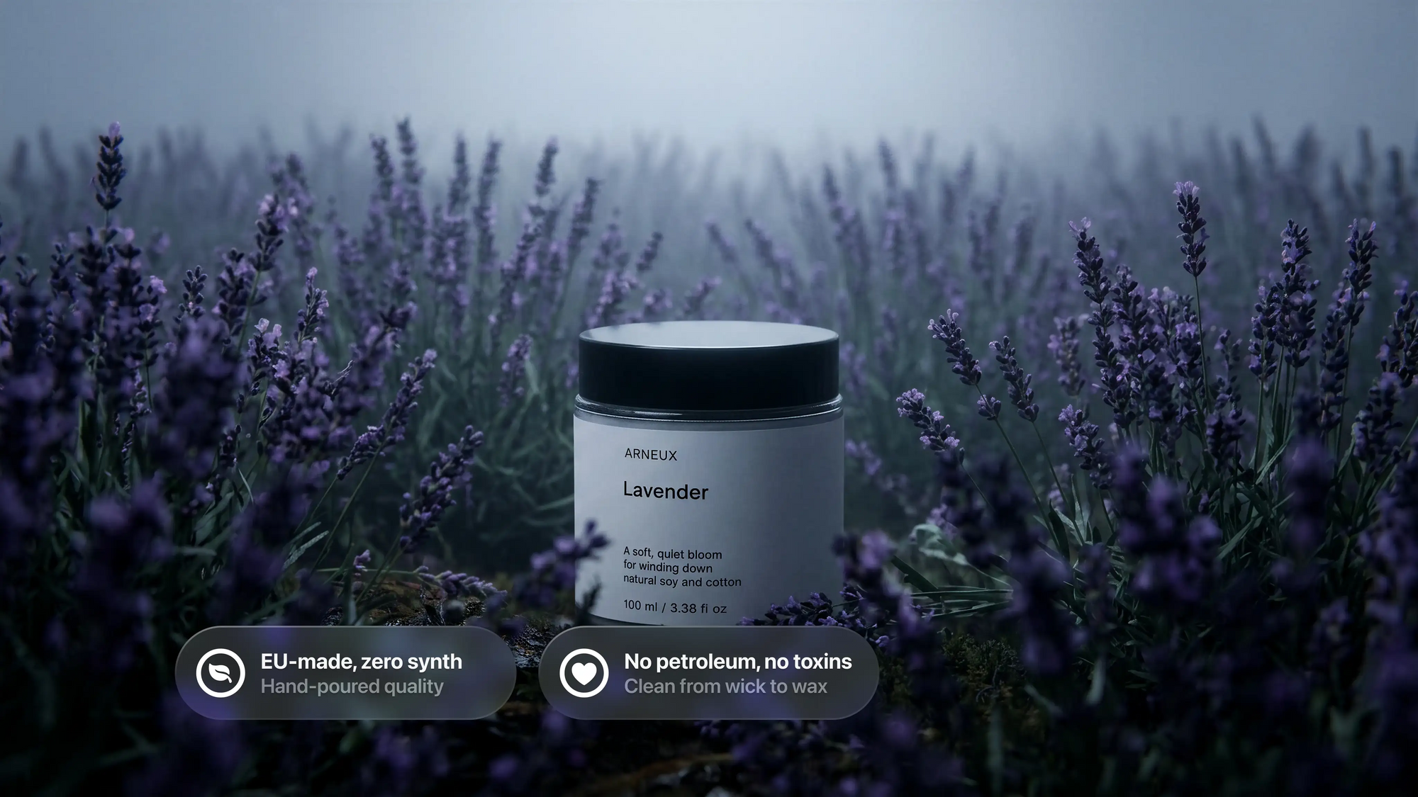 LAVENDER travel candle in misty lavender field at dusk, EU-made zero synth no petroleum no toxins callouts