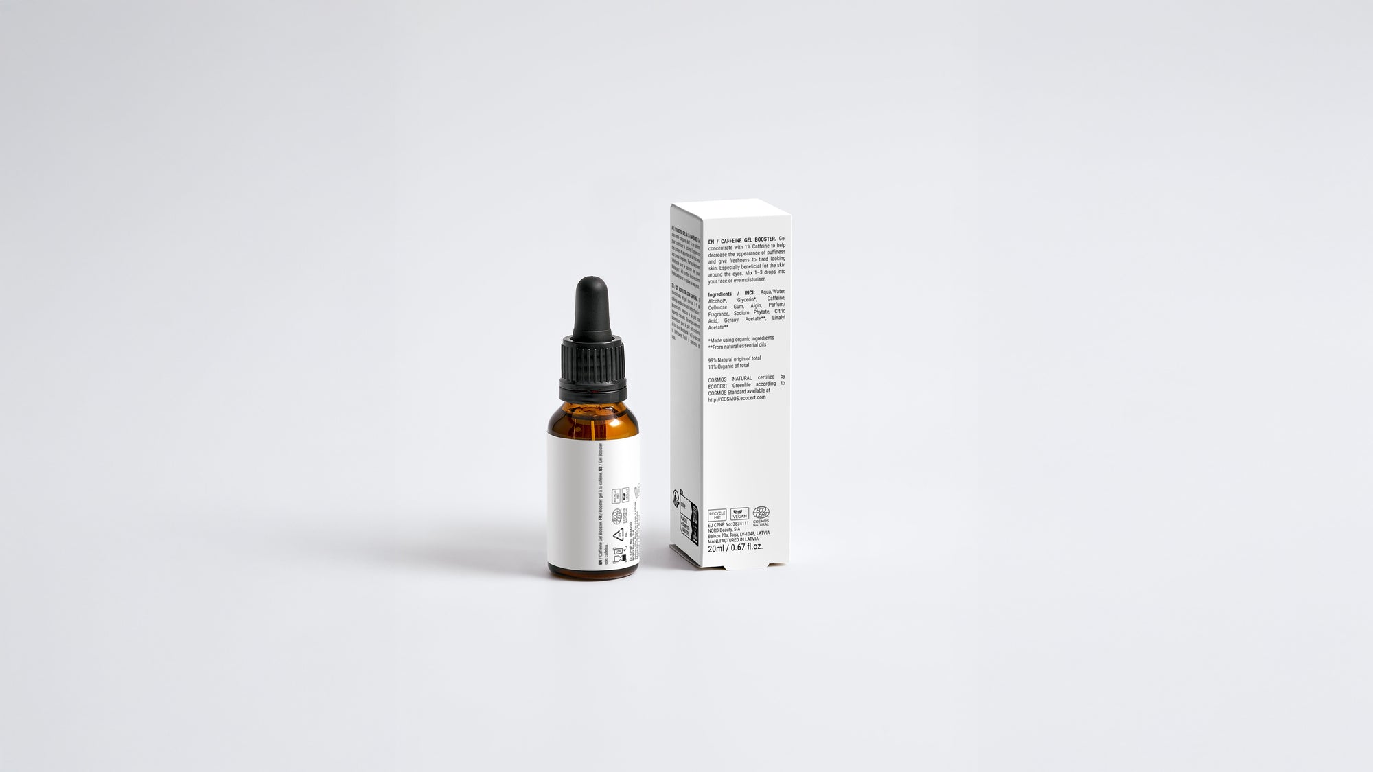 LIFT caffeine gel booster bottle beside box back panel showing full ingredient list