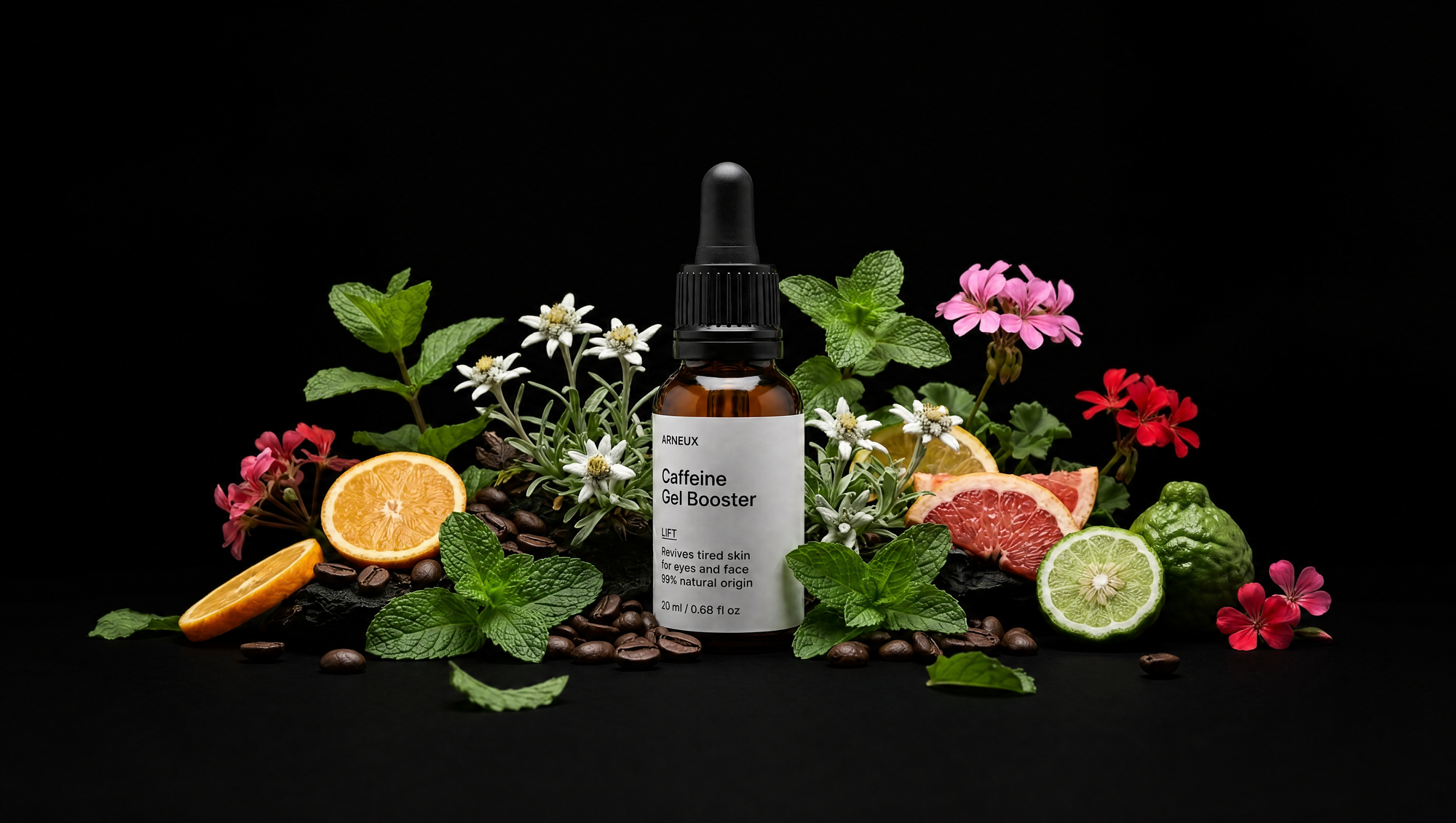 LIFT caffeine booster bottle with mint, geranium, orange, kaffir lime and coffee beans on black