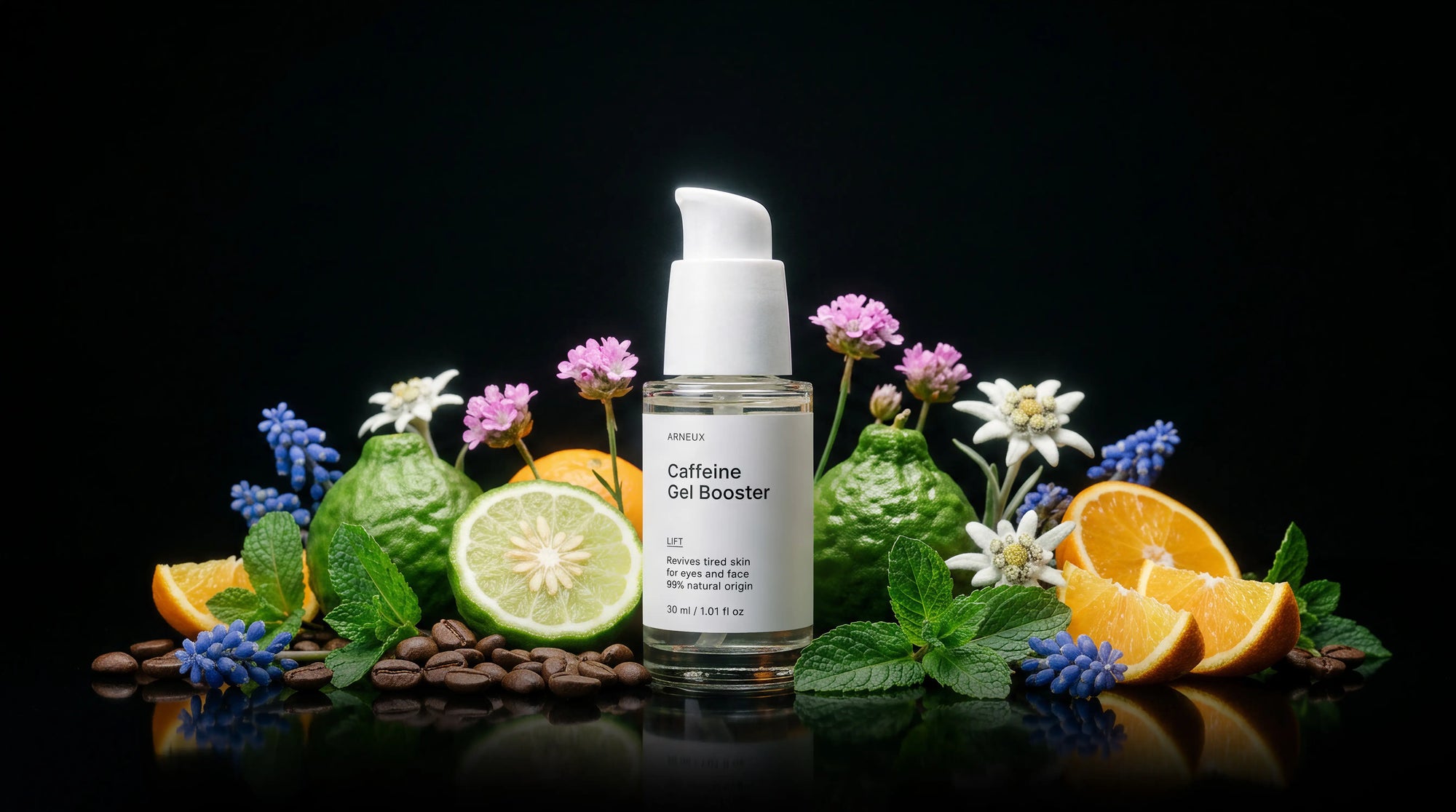 LIFT caffeine gel booster bottle with mint, geranium, orange, kaffir lime and coffee beans on black
