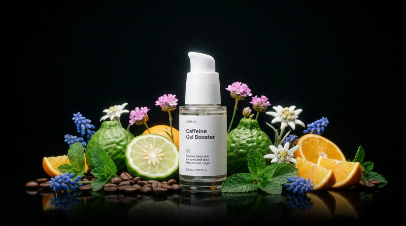 LIFT caffeine gel booster bottle with mint, geranium, orange, kaffir lime and coffee beans on black