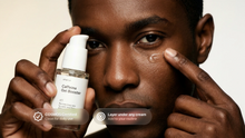 Man applying LIFT caffeine gel booster under eye area, COSMOS certified layer under any cream callout