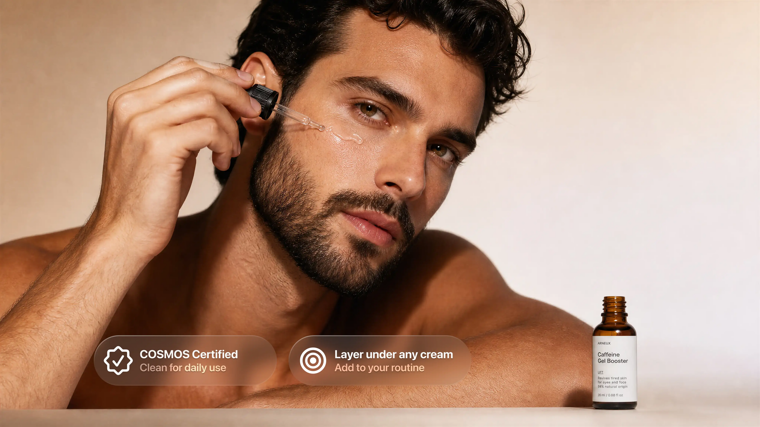 Man dropping LIFT caffeine gel booster under eye area, COSMOS certified layer under any cream callout