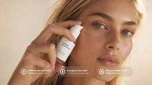 Woman dropping LIFT caffeine gel booster onto cheek, de-puffs tightens energizes tired skin callouts