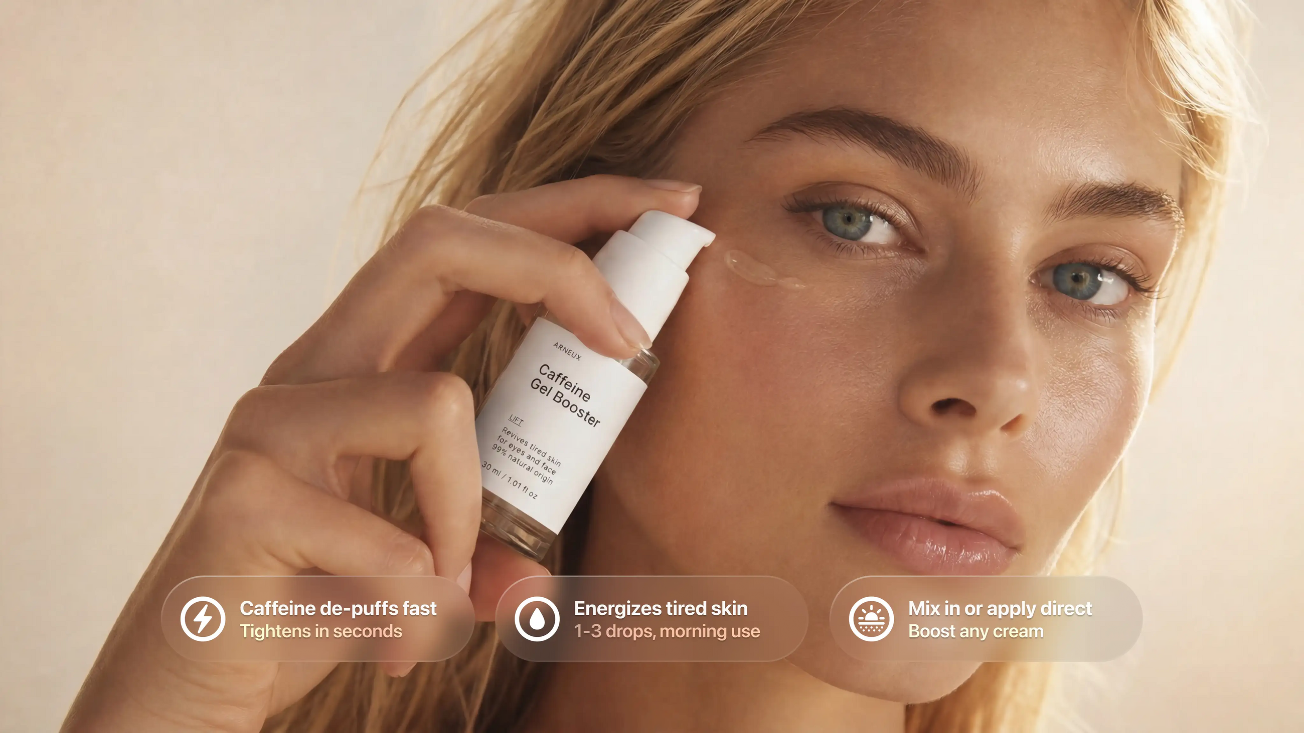 Woman dropping LIFT caffeine gel booster onto cheek, de-puffs tightens energizes tired skin callouts