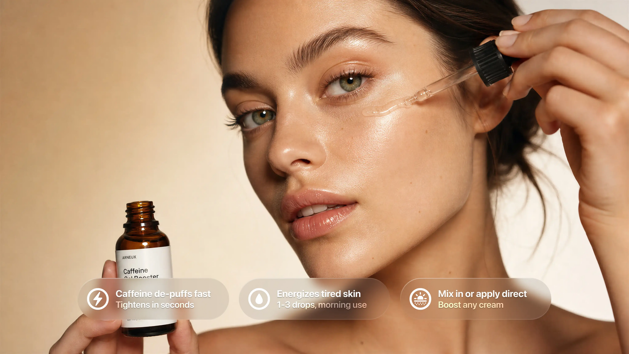 Woman dropping LIFT caffeine gel booster onto cheek, de-puffs tightens energizes tired skin callouts