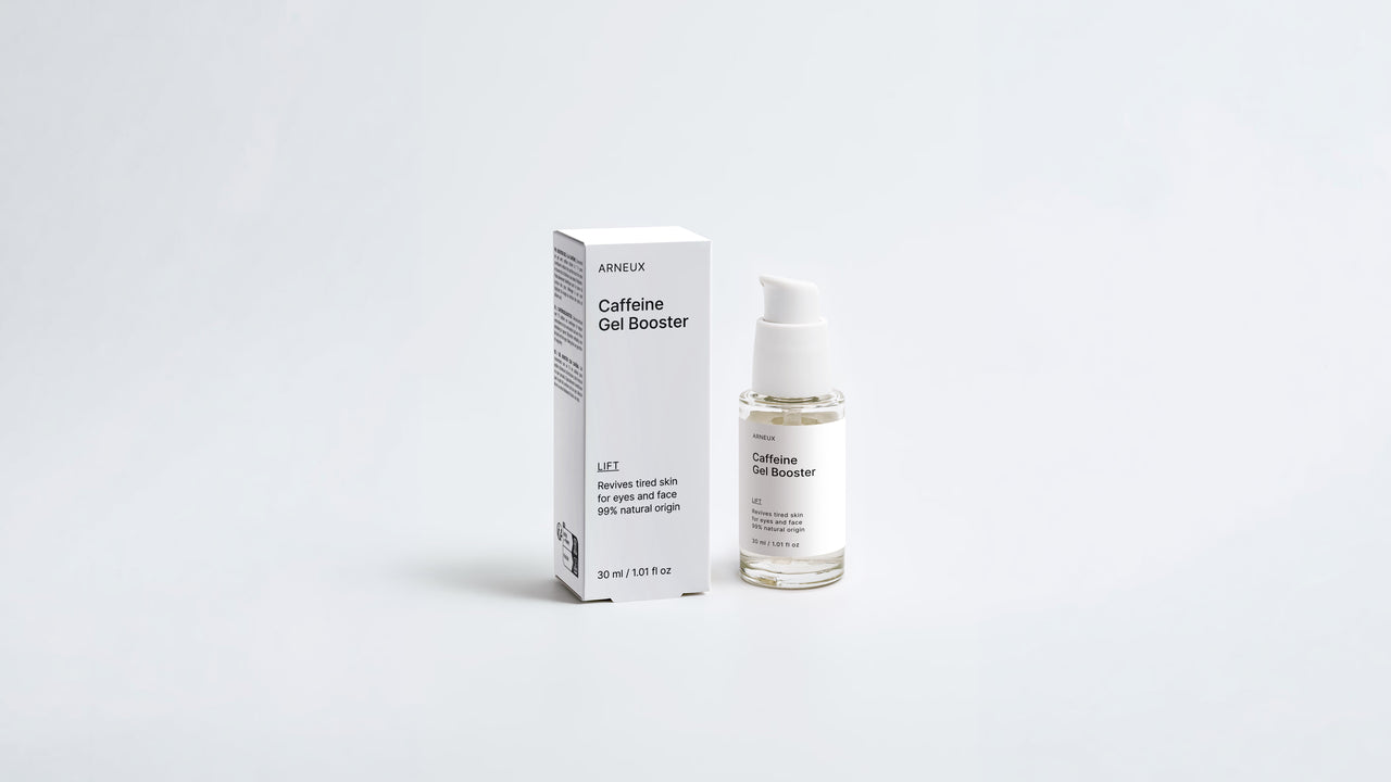 LIFT caffeine gel booster bottle and box packaging set on grey background