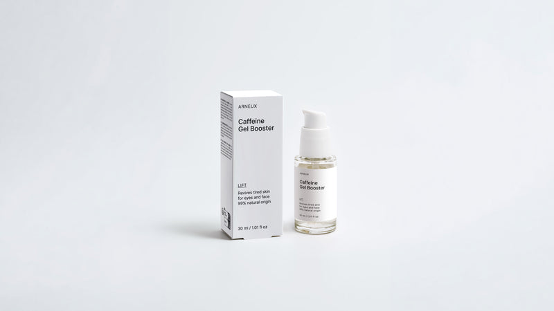 LIFT caffeine gel booster bottle and box packaging set on grey background