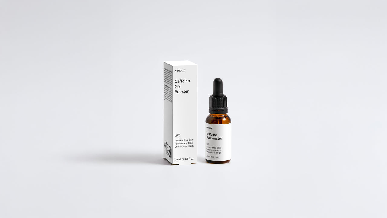 LIFT caffeine gel booster dropper bottle and box packaging set on grey background