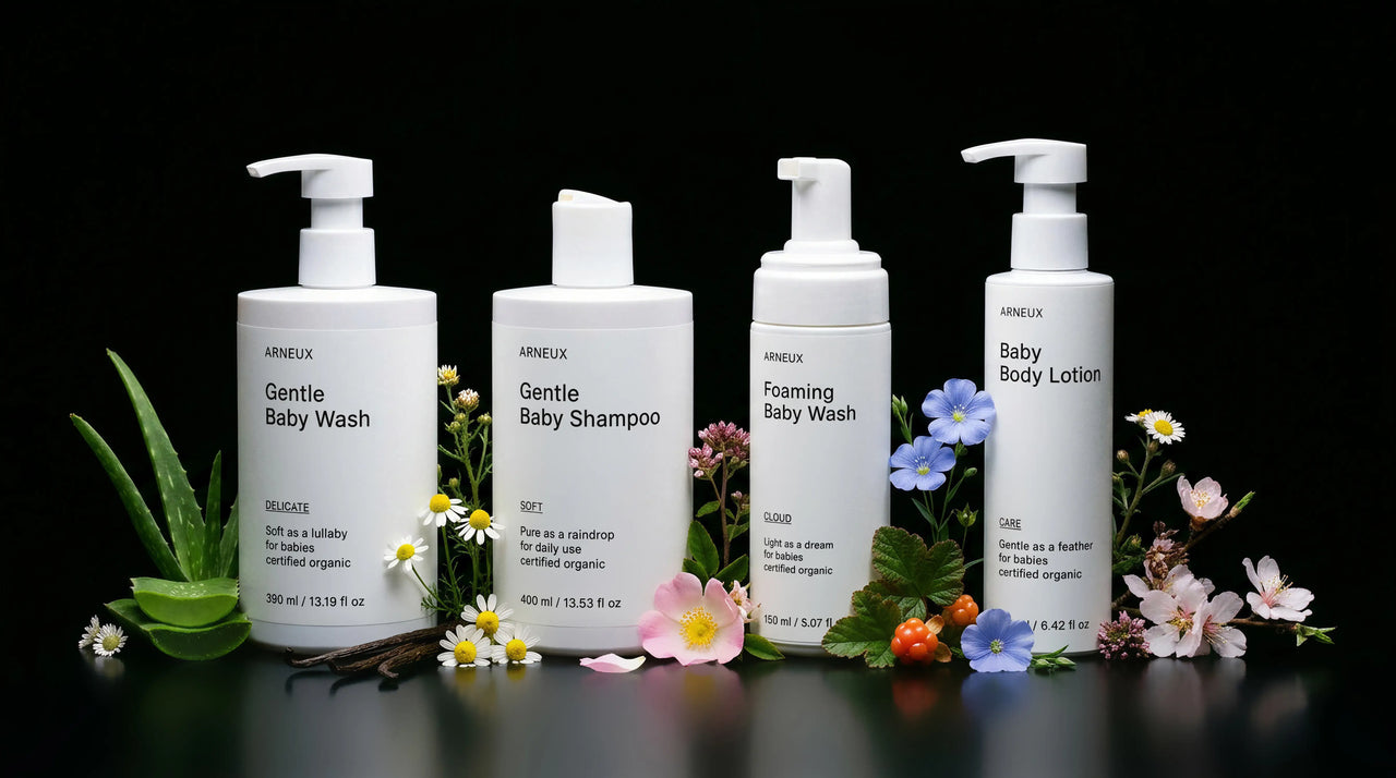 LITTLE baby collection four bottles with aloe, chamomile and wildflowers on black background