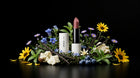 MATTE lipstick nestled among sunflowers, vanilla pods, blueberries and wildflowers on black