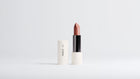MATTE lipstick Terracotta Nude bullet and cap upright on white background, slim tube profile view