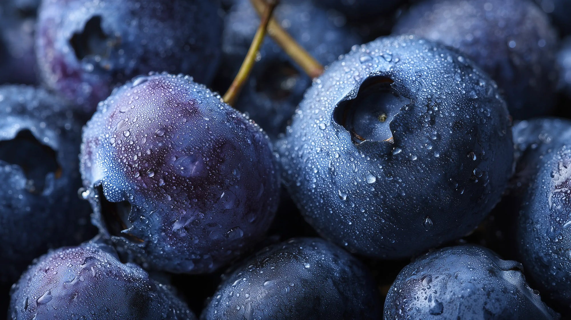 Fresh blueberries with water droplets, source of antioxidant blueberry seed oil in MATTE lipstick