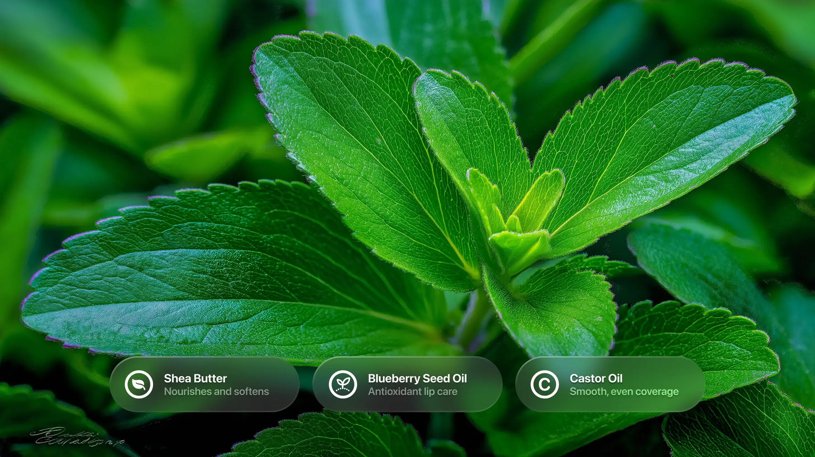 Fresh mint leaves with shea butter, blueberry seed oil and castor oil ingredient callouts