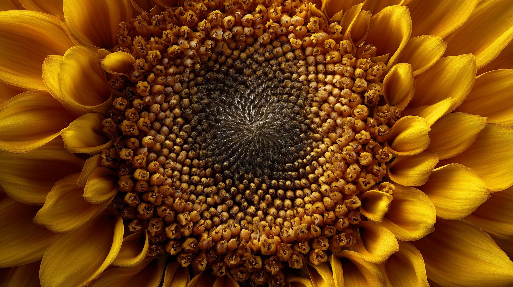 Macro close-up of sunflower centre, natural botanical ingredient in MATTE lipstick formula