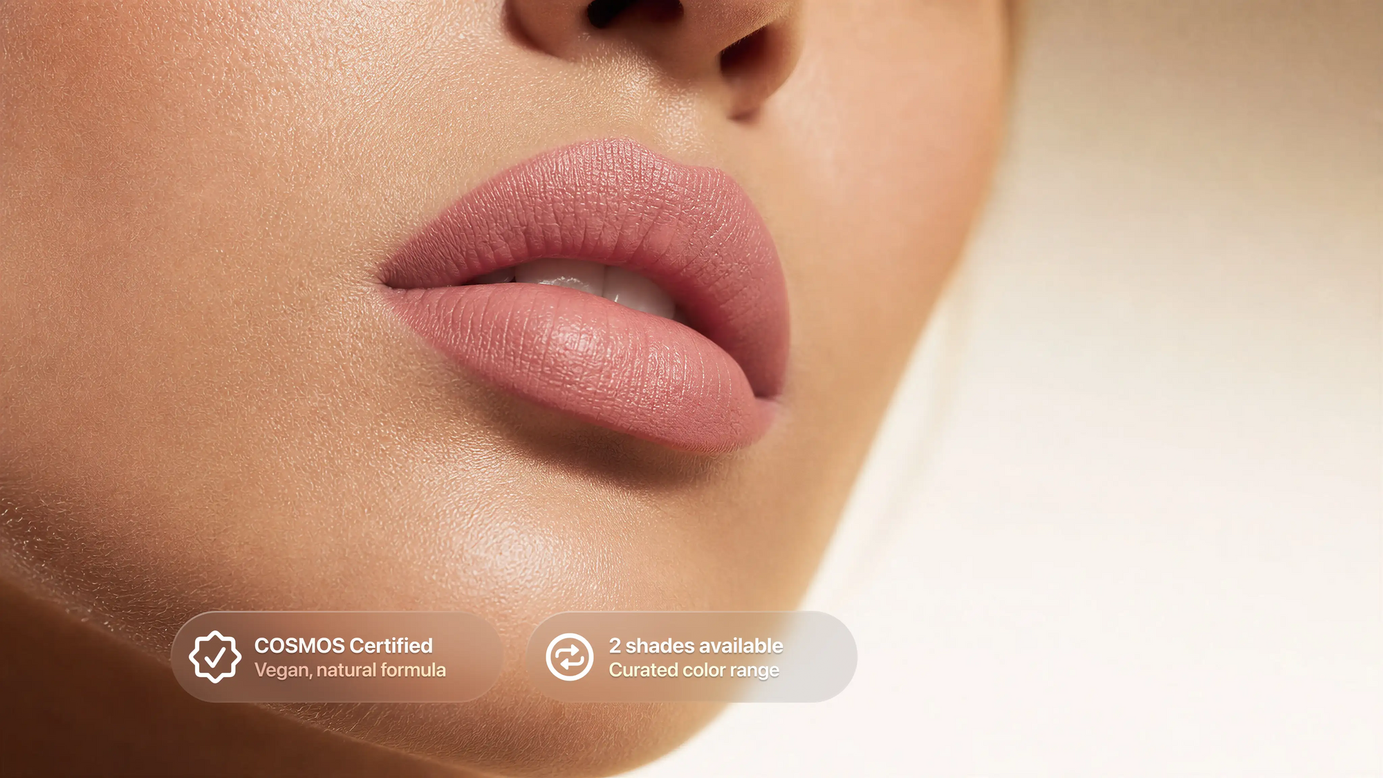 Close-up of lips wearing Dusty Rose matte lipstick, COSMOS certified vegan natural formula