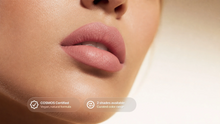 Close-up of lips wearing Dusty Rose matte lipstick, COSMOS certified vegan natural formula