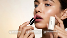 Woman holding MATTE lipstick to lips showing velvety satin finish, long-wearing formula callouts