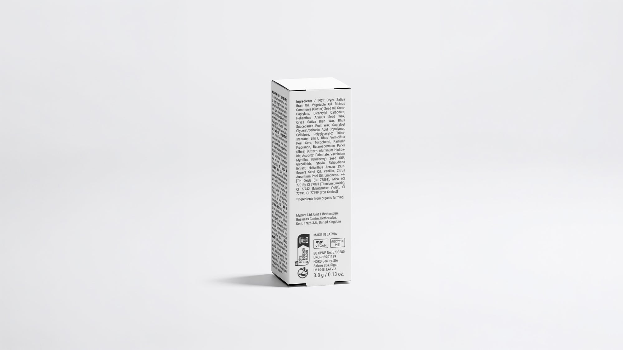 MATTE lipstick box back panel showing full ingredient list and product details