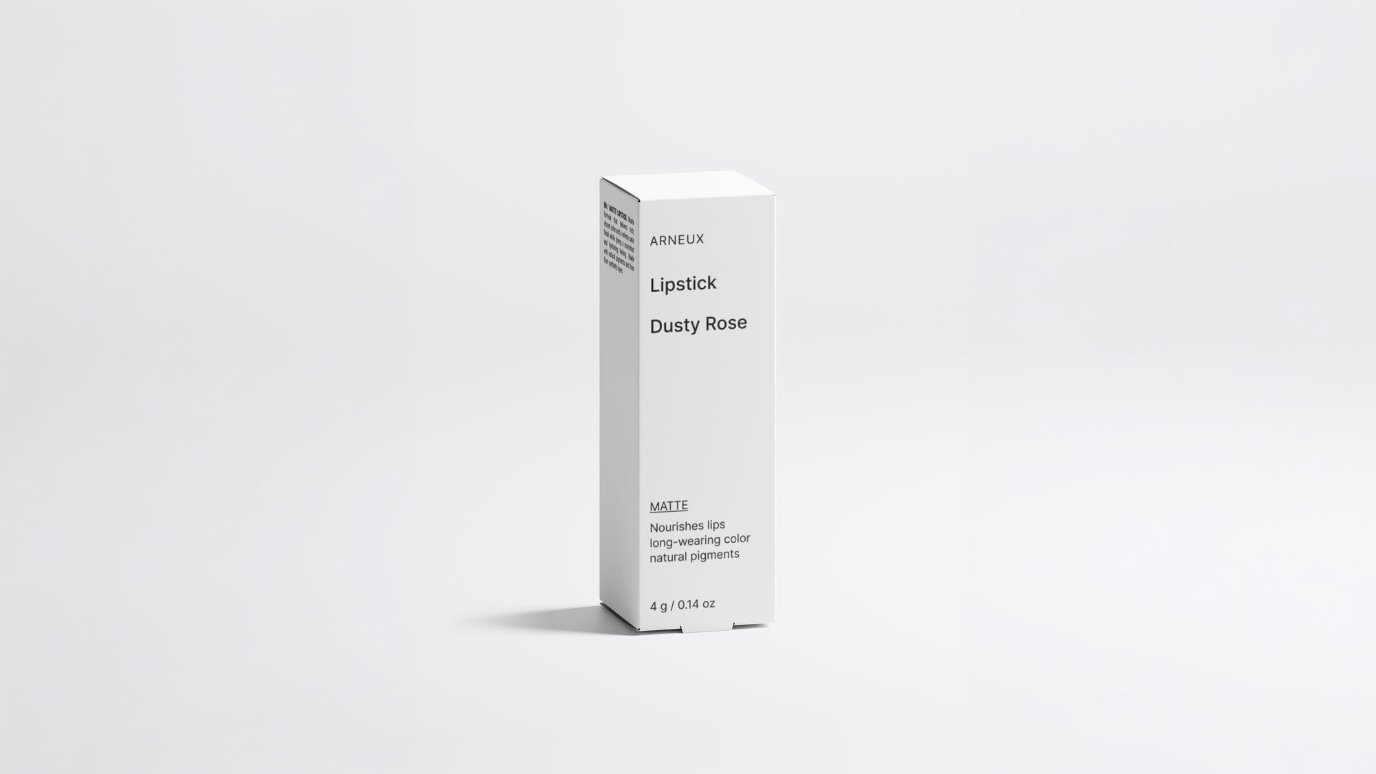 MATTE lipstick Dusty Rose shade box packaging, front label on light grey background
