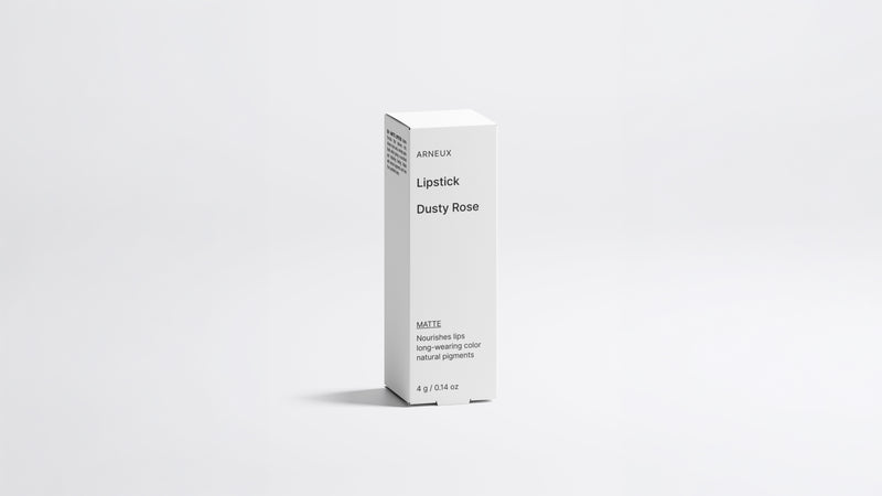 MATTE lipstick Dusty Rose shade box packaging, front label on light grey background