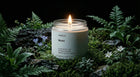 MOSS travel candle burning on mossy forest floor surrounded by ferns and blue wildflowers