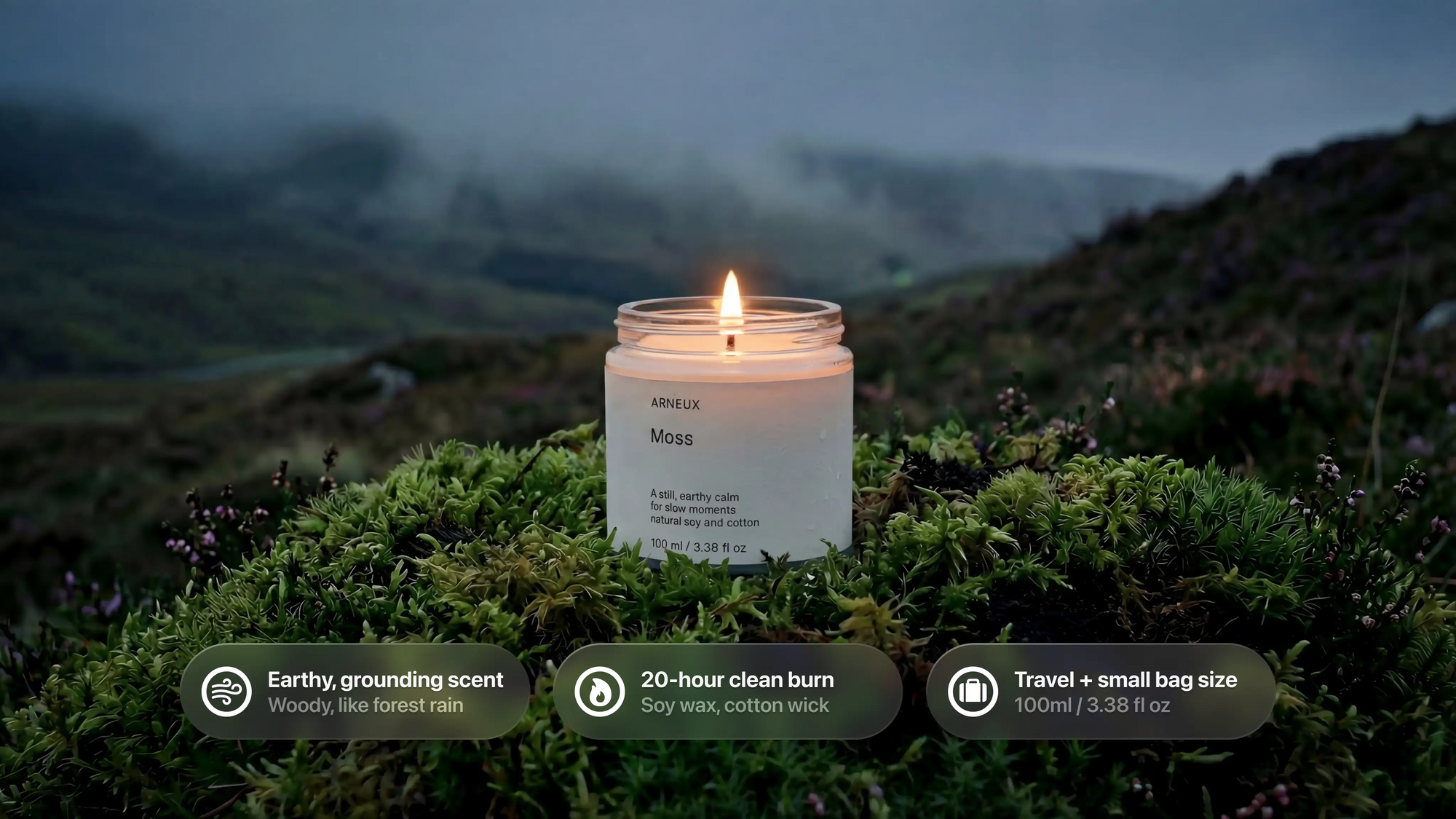 MOSS candle burning on highland moss, earthy grounding woody scent 20-hour clean burn travel size callouts