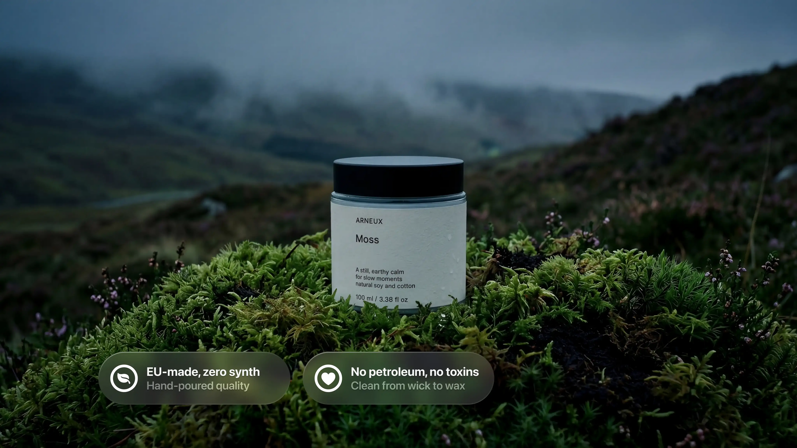 MOSS travel candle on green moss in misty Scottish highlands, EU-made zero synth no petroleum no toxins callouts