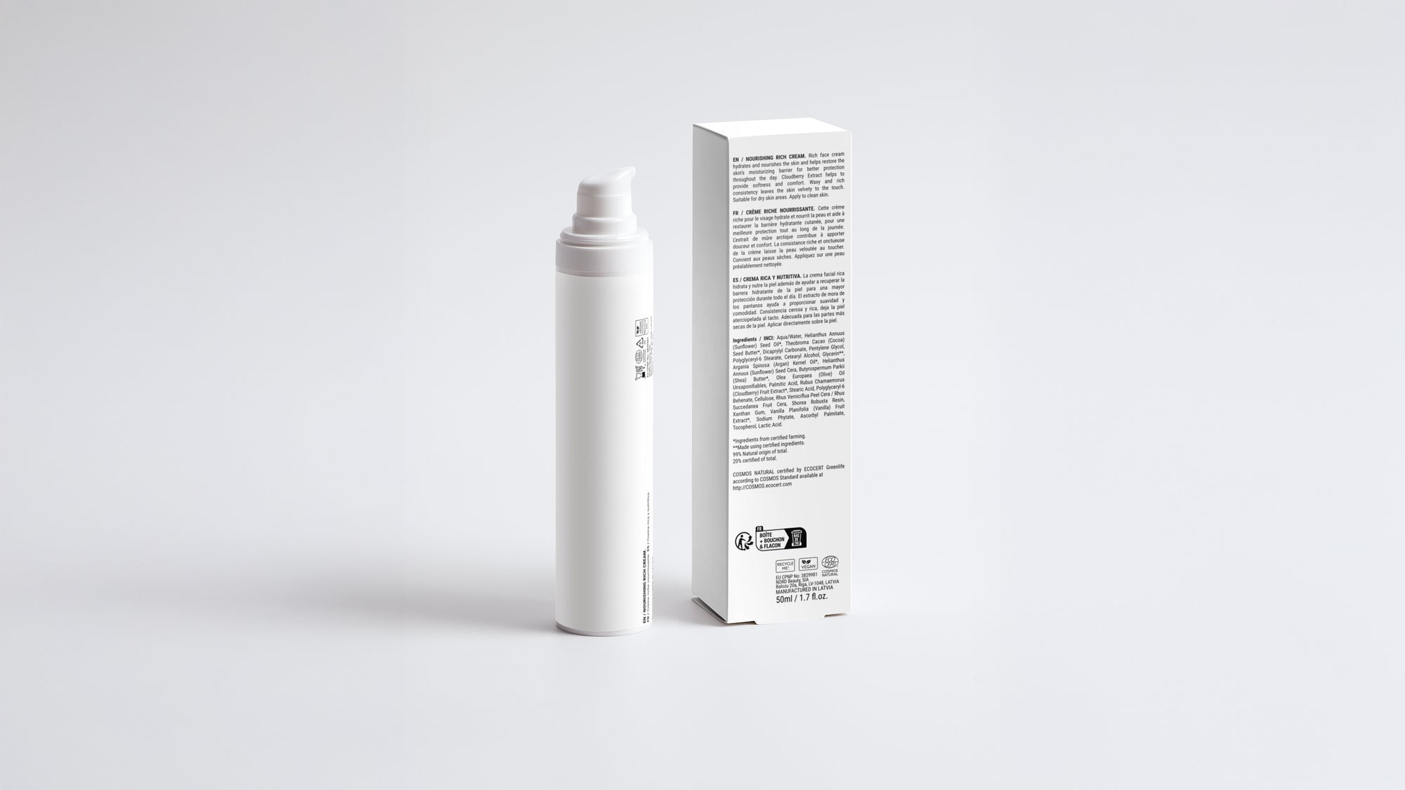 NIGHT nourishing rich cream bottle beside box back panel showing ingredient list