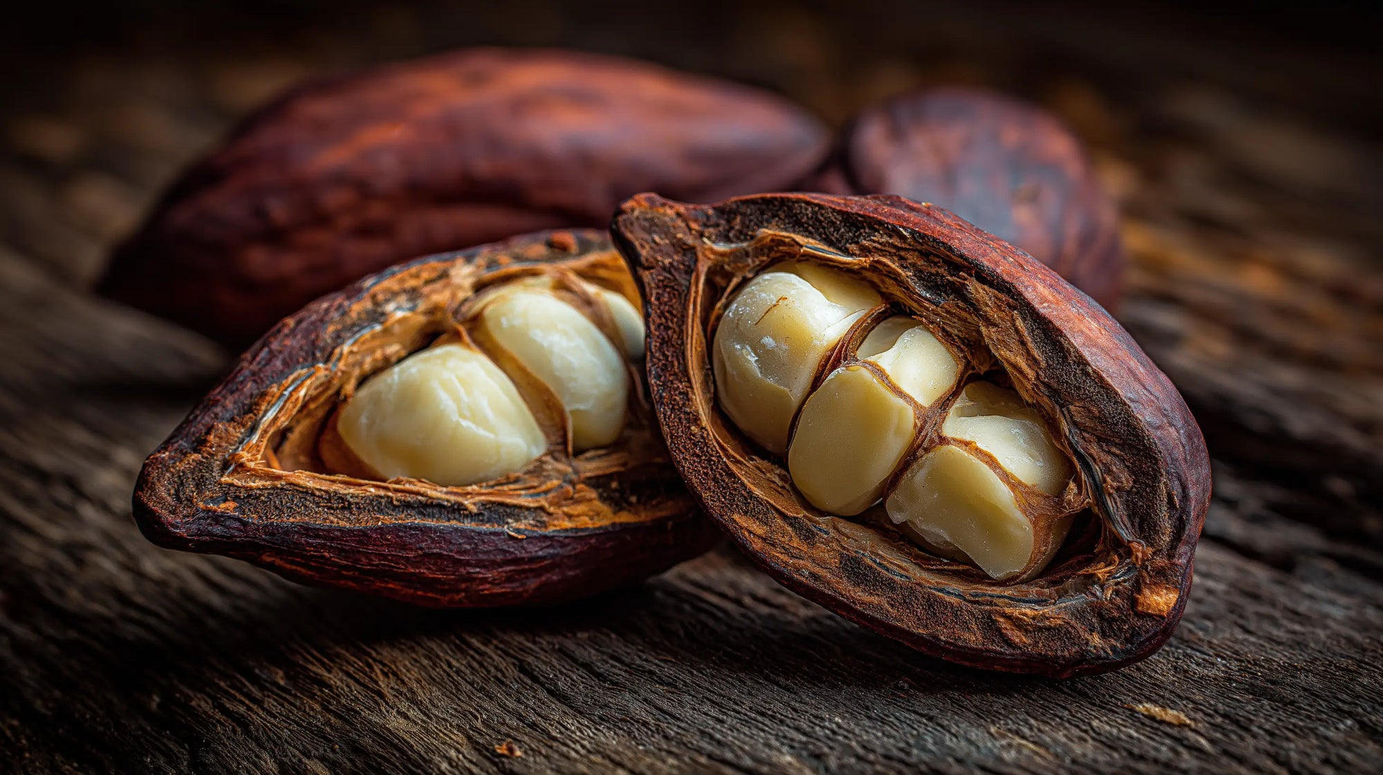 Open cacao pod with cocoa beans, source of deep nourishing cocoa butter in NIGHT rich cream