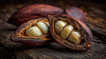 Open cacao pod with cocoa beans, source of deep nourishing cocoa butter in NIGHT rich cream