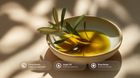 Argan oil in bowl with olive branch, cocoa butter argan oil and shea butter ingredient callouts